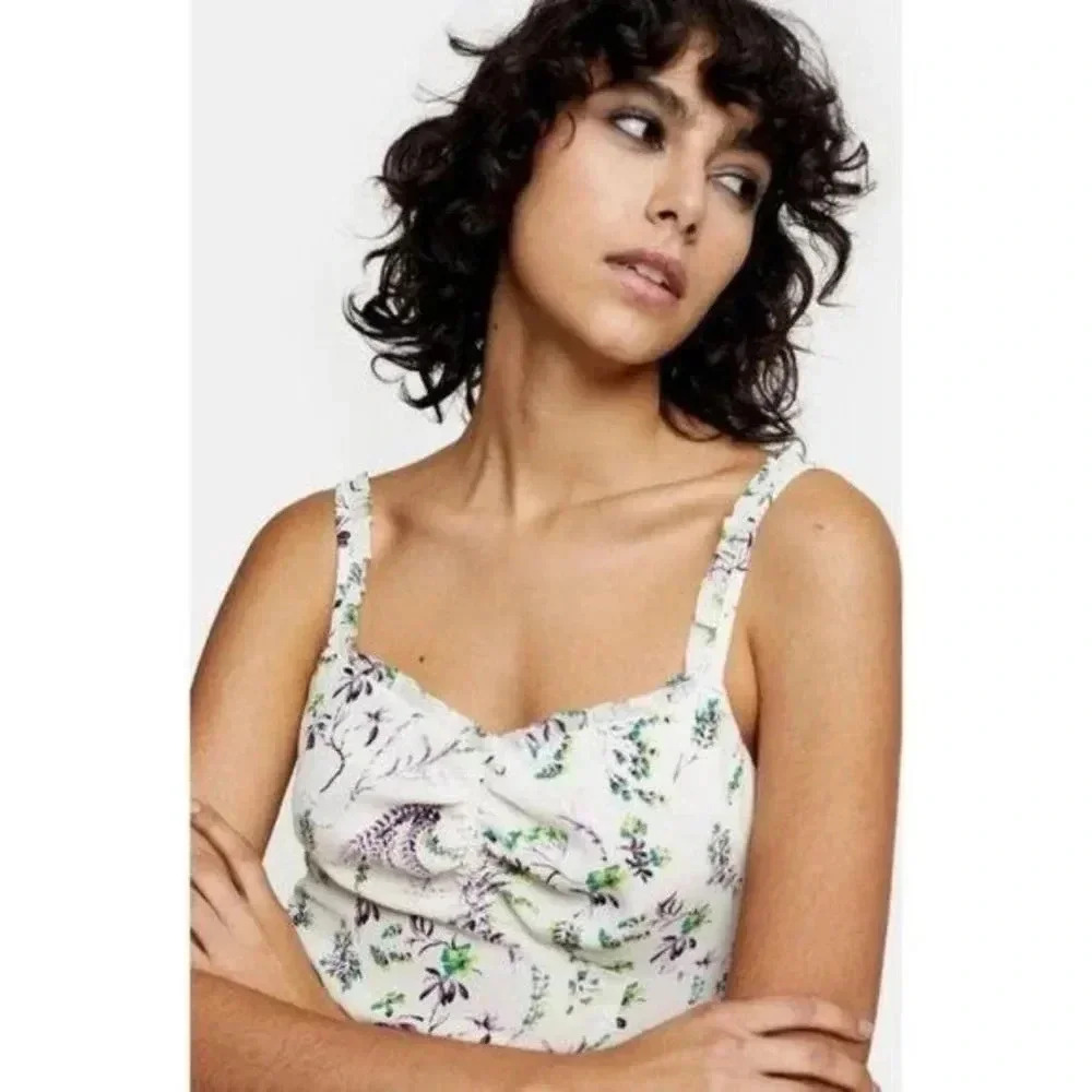 TOPSHOP US 2 Light Yellow Crop Top Ruffle Strap Tank Purple Floral Vine